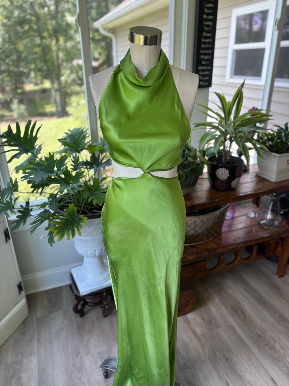 Amanda Uprichard Lime Green Silk Cutout Halter Dress